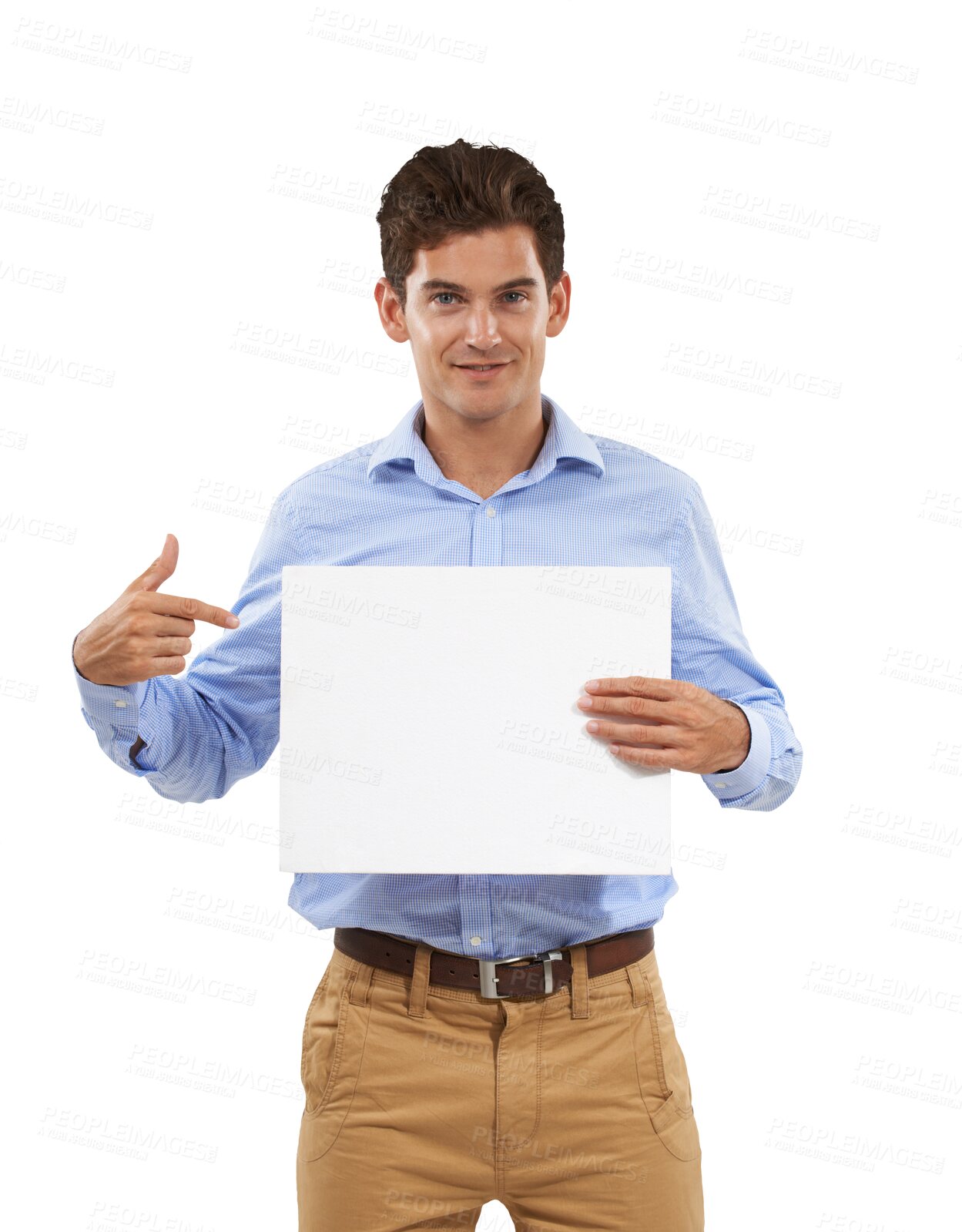 Buy stock photo Business man, poster mockup and presentation for advertising job opportunity, news and announcement. Portrait of professional person pointing to card space isolated on a transparent, png background