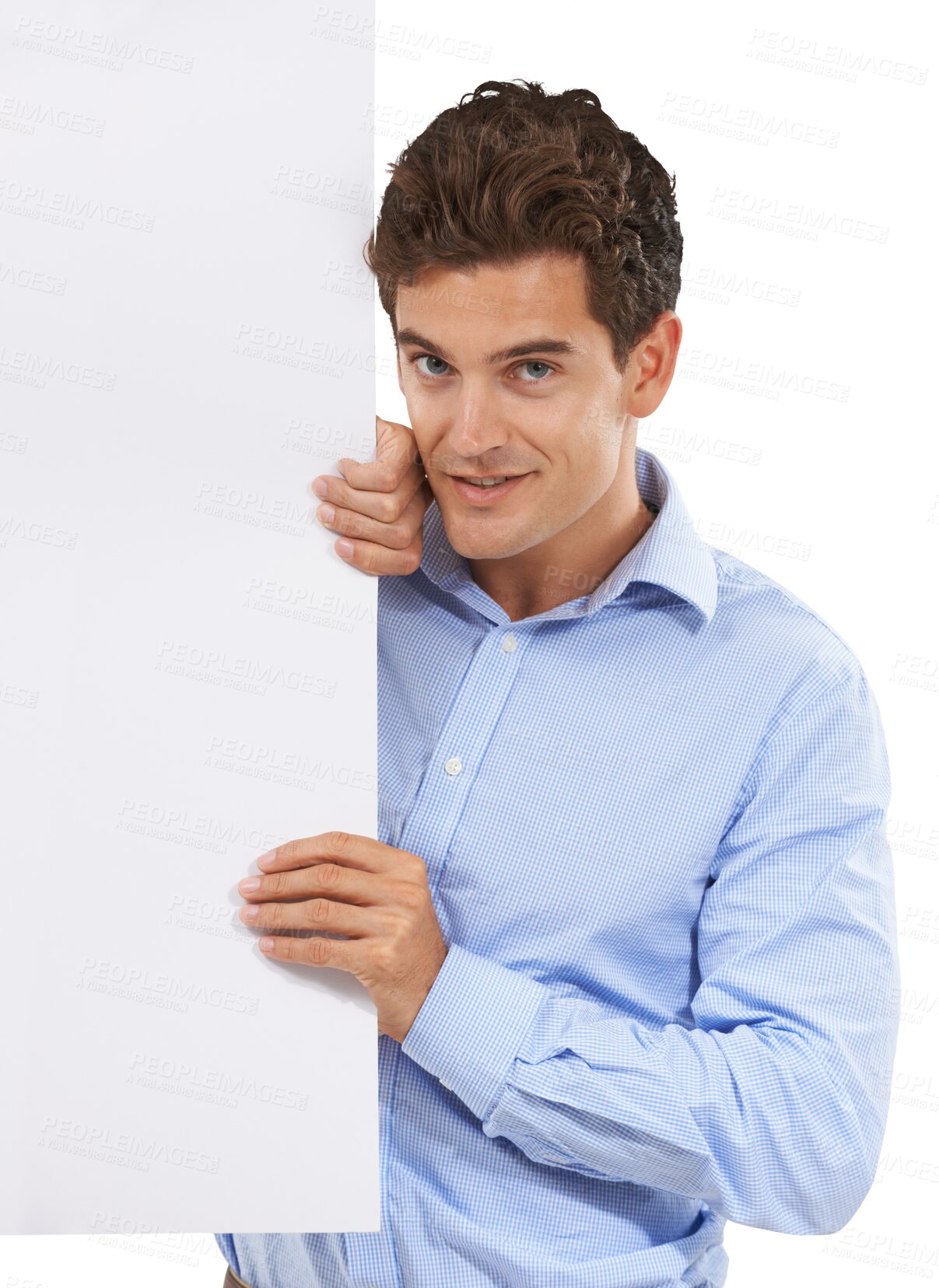 Buy stock photo Portrait, business man and mockup board on isolated, transparent or png background for promotion or announcement. Worker, advertising and blank poster, sign or space for news, branding or information