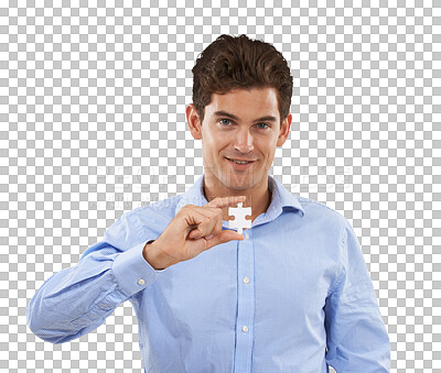 Buy stock photo Portrait, puzzle and problem solving with a young man with a game for confidence and happiness. Face, creative or connect and male employee with a jigsaw piece isolated by transparent png background.