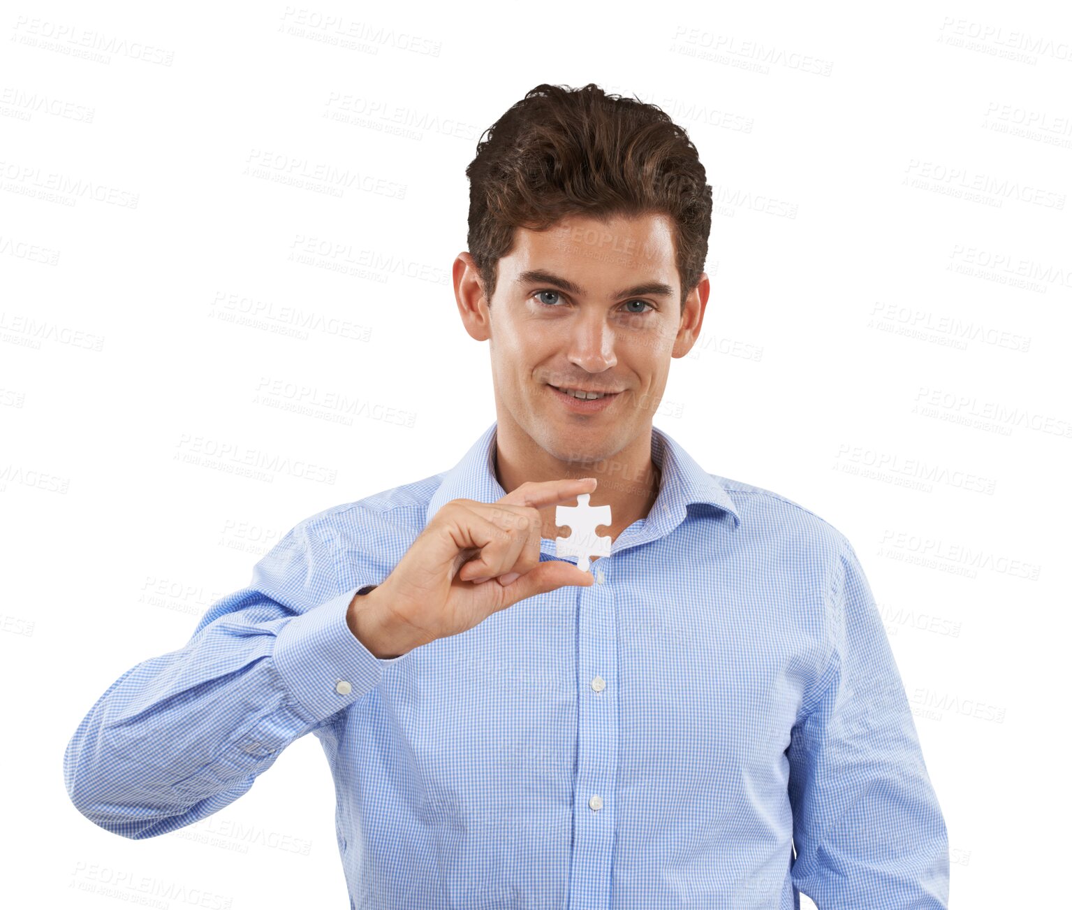 Buy stock photo Portrait, puzzle and problem solving with a young man with a game for confidence and happiness. Face, creative or connect and male employee with a jigsaw piece isolated by transparent png background.