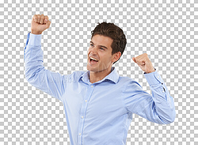 Buy stock photo Winner, yes and business man with success, celebration and happy bonus, news or profit achievement. Sales, target or power of corporate person or model fist isolated on a transparent, png background