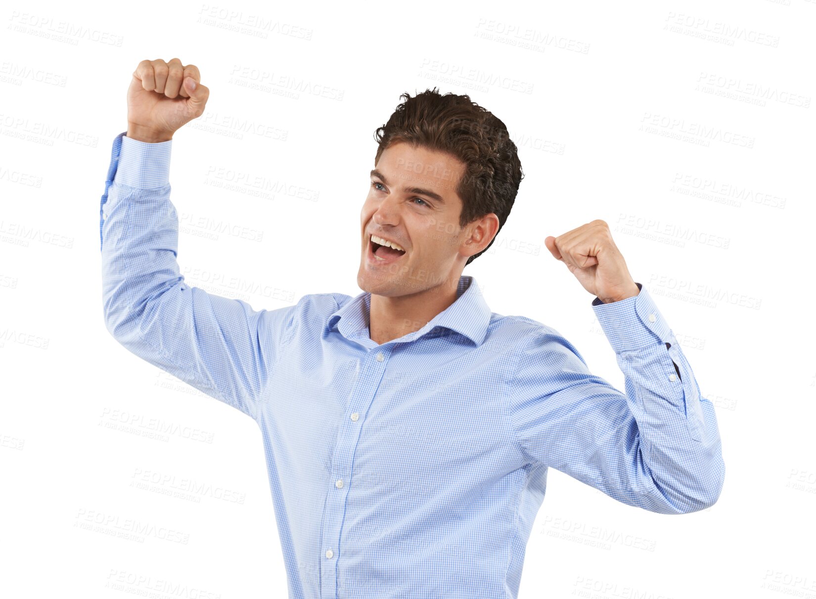 Buy stock photo Winner, yes and business man with success, celebration and happy bonus, news or profit achievement. Sales, target or power of corporate person or model fist isolated on a transparent, png background