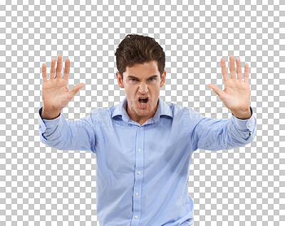 Buy stock photo Stop, anger and portrait of business man with hand gesture on isolated, png and transparent background. Professional, conflict and frustrated, angry and shouting male person with palms for warning