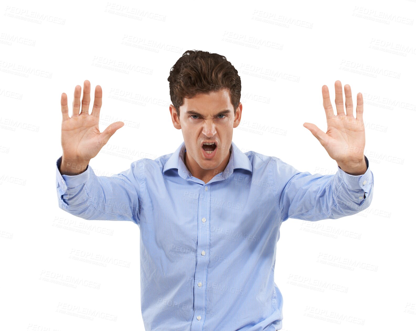 Buy stock photo Stop, anger and portrait of business man with hand gesture on isolated, png and transparent background. Professional, conflict and frustrated, angry and shouting male person with palms for warning