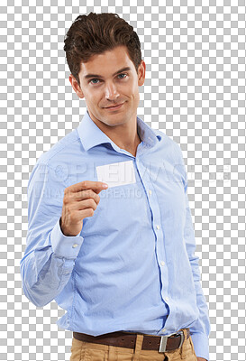 Buy stock photo Business card, mockup and man in portrait with design space or career advertising isolated on transparent png background. Presentation, information and paper of entrepreneur or professional person