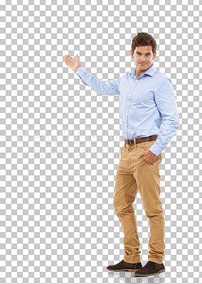 Buy stock photo Presentation, pointing and portrait of business man on isolated, png and transparent background. Advertising, professional and male person with hand gesture for promotion, information and showing