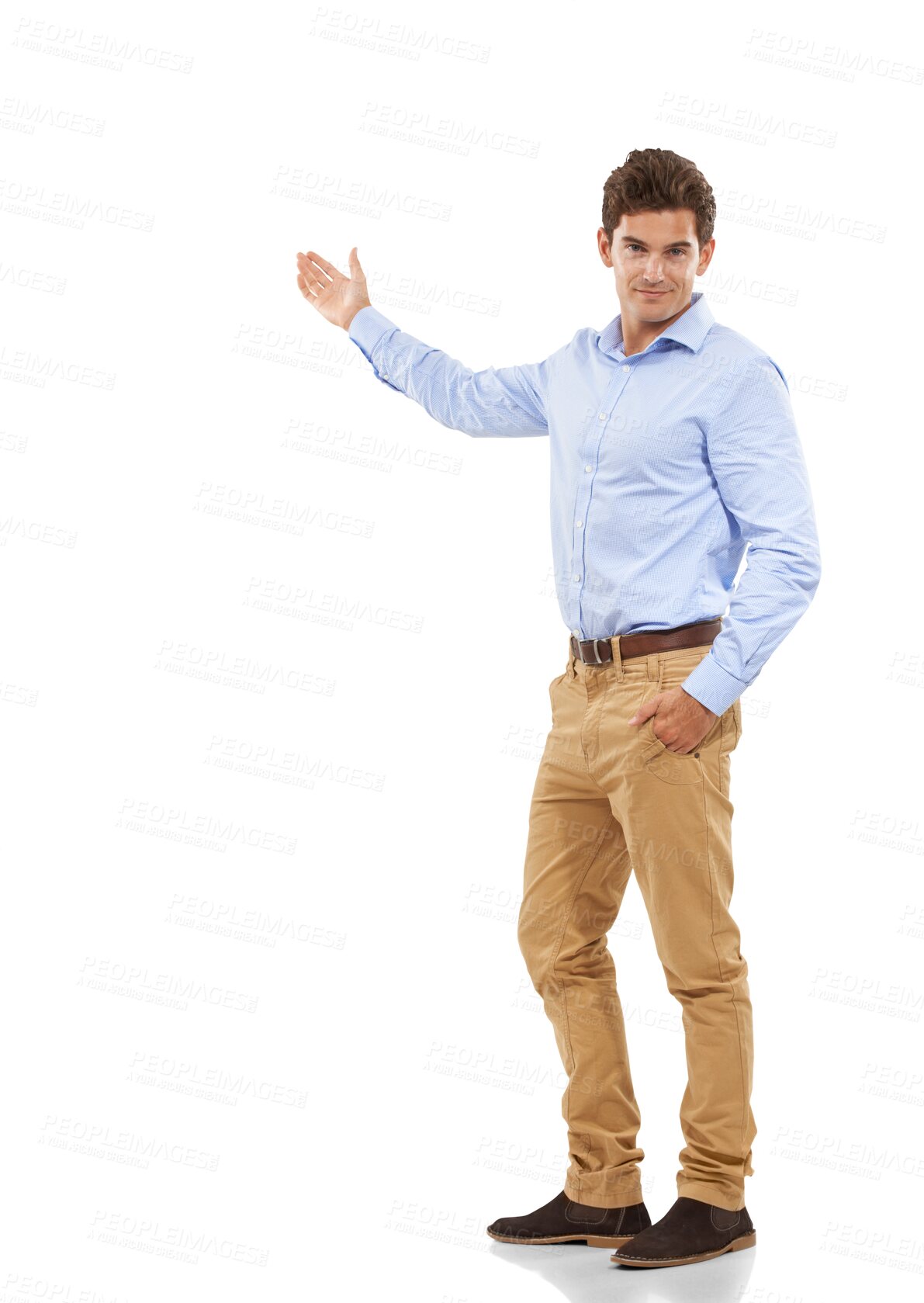 Buy stock photo Presentation, pointing and portrait of business man on isolated, png and transparent background. Advertising, professional and male person with hand gesture for promotion, information and showing