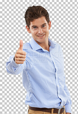 Buy stock photo Happy, thumbs up and portrait of businessman with emoji, like or gesture for winner, congratulations or thank you. Hand, sign and consultant to show yes on isolated, transparent or png background