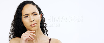 Buy stock photo Confused model, face or thinking on isolated white background of skincare, beauty or makeup brand choice. Doubt, portrait or woman with ideas, questions or choosing vision in mind change on mock up