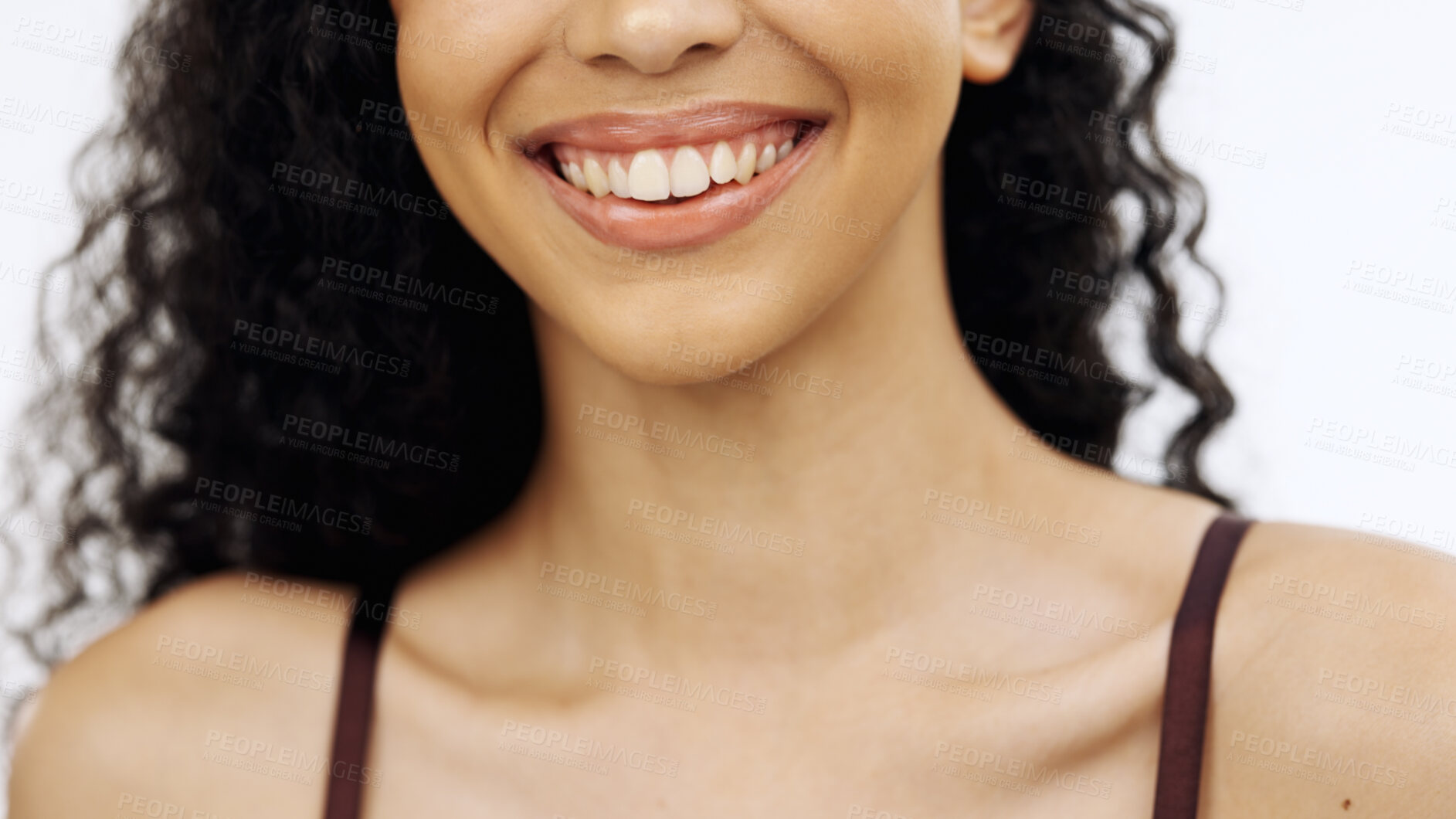 Buy stock photo Woman, laughing or teeth on isolated white background in whitening promotion, orthodontic wellness or dental care routine. Zoom, smile or beauty model in lipstick, lip gloss or mouth makeup cosmetics