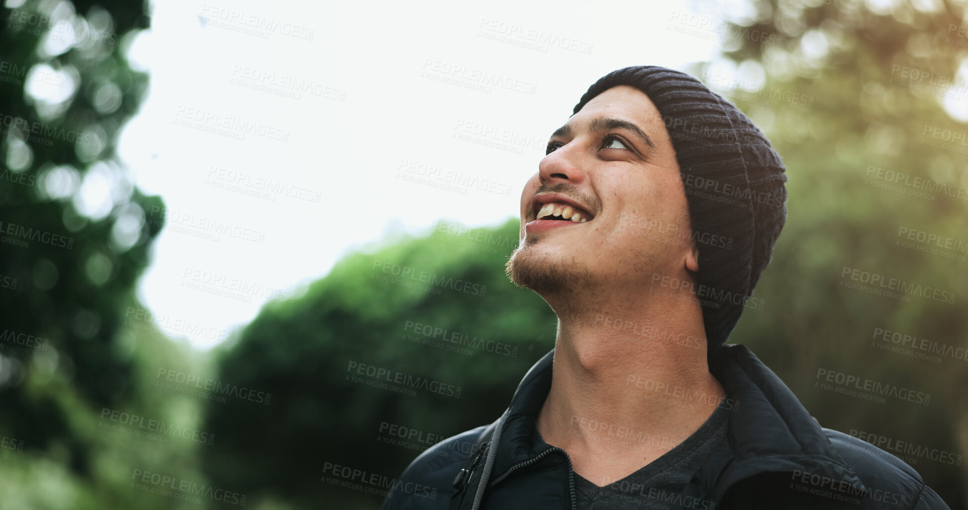 Buy stock photo Hiking, happy man and freedom with view from trekking on an adventure and journey outdoor. Travel, forest and woods with workout on a vacation with a smile from holiday and fitness on walk in nature