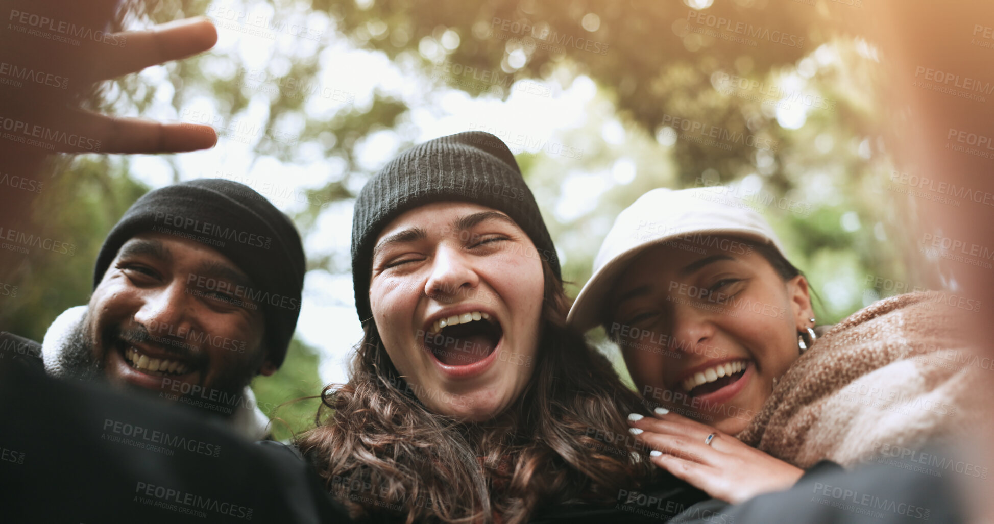 Buy stock photo Friends, funny selfie and hiking adventure in nature together,  man and women in forest for outdoor travel. Photography, smile and group of people relax on camping trip with trees, laugh and memory.