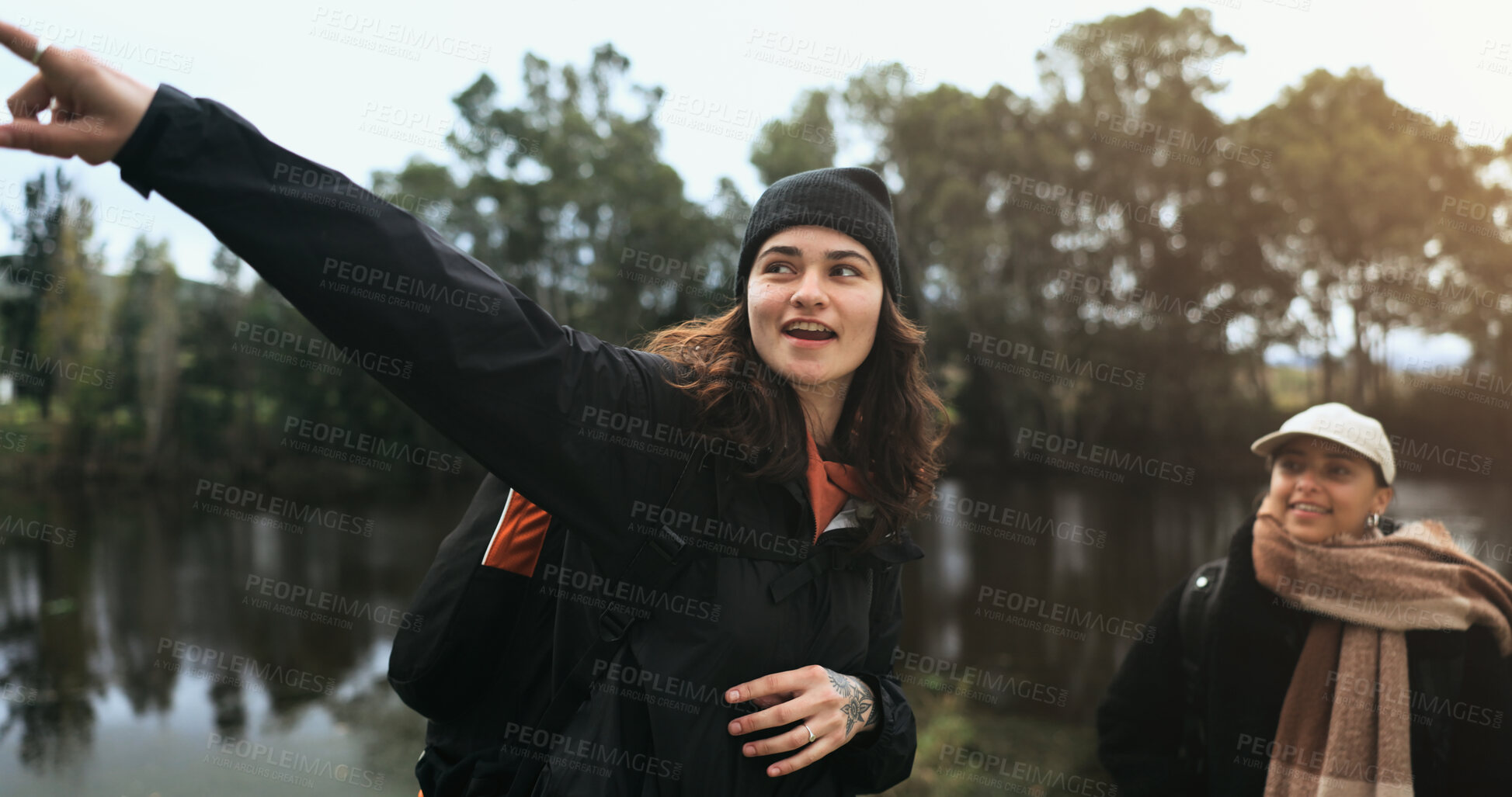 Buy stock photo View, hiking woman and backpack with friends in nature for vacation, travel and camping. Point, trekking and adventure with happy people outdoor with freedom, holiday and wellness journey in woods