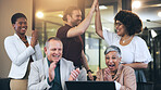 Happy business people, applause and celebration for success, teamwork or achievement at the office. Group of employees clapping for team winning, goals or bonus promotion together at the workplace