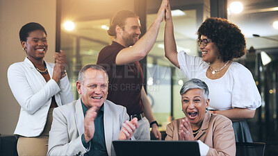 Happy business people, applause and celebration for success, teamwork or achievement at the office. Group of employees clapping for team winning, goals or bonus promotion together at the workplace