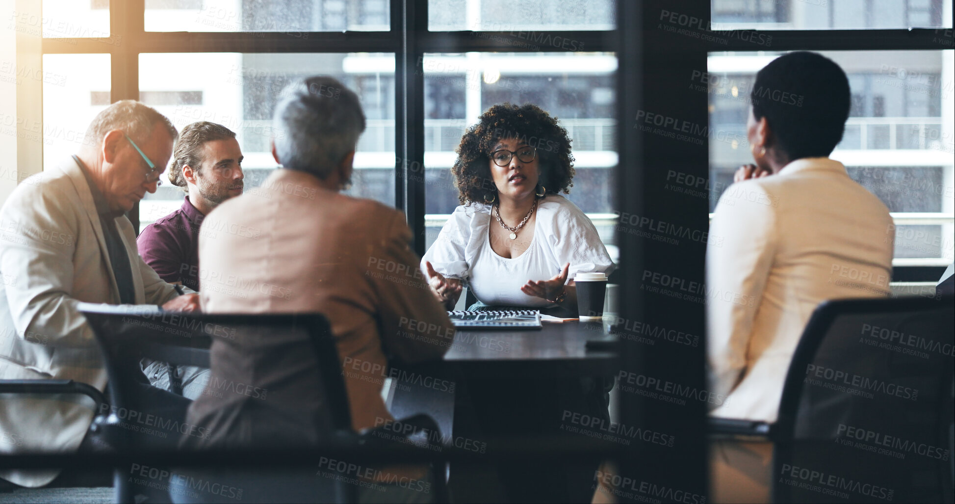 Buy stock photo Business people, meeting and corporate strategy in teamwork, discussion or ideas together at office. Group of employees in team planning, staff training or collaboration in conference at workplace