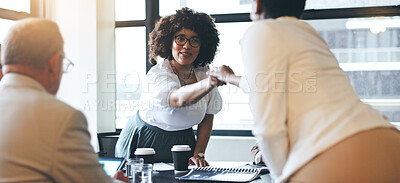 Business people, handshake and meeting for introduction, teamwork success or welcome at the office. women shaking hands for team greeting, deal or agreement together at the conference