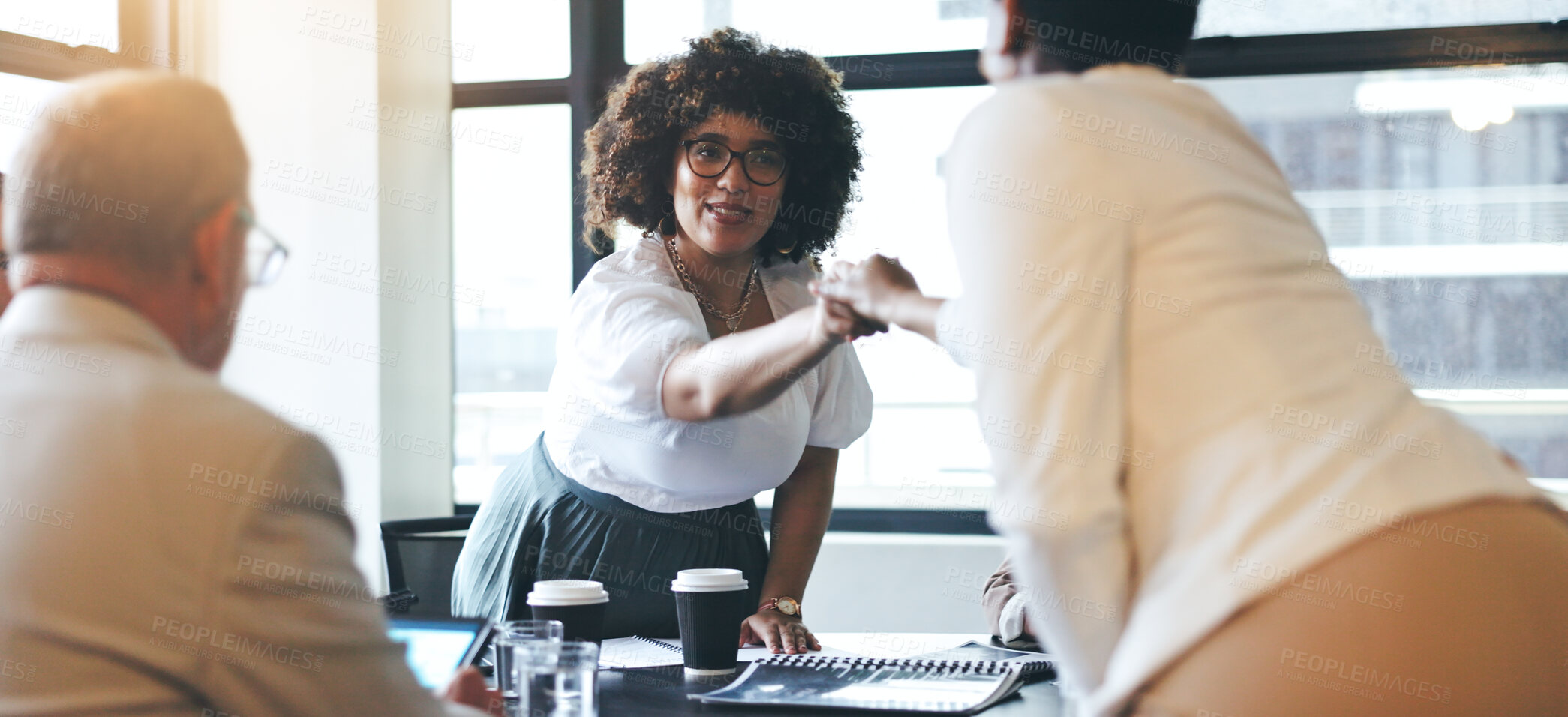 Buy stock photo Business people, handshake and meeting in hiring, partnership or b2b deal for agreement at office. Woman shaking hands with employee in recruiting, introduction or greeting at conference or workplace