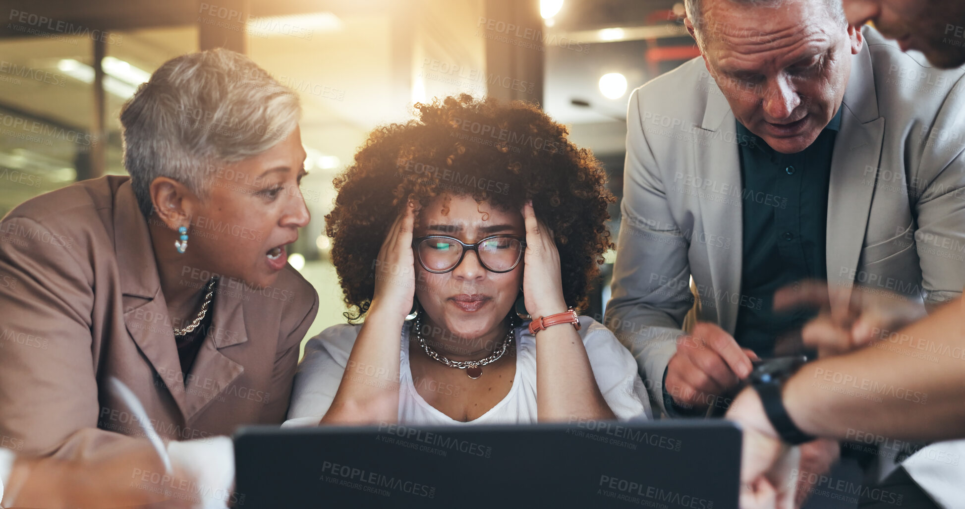 Buy stock photo Frustrated woman, stress and headache in burnout from team pressure, chaos or overworked at office. Face of female person with migraine, mental health or fatigue in multitasking workflow at workplace