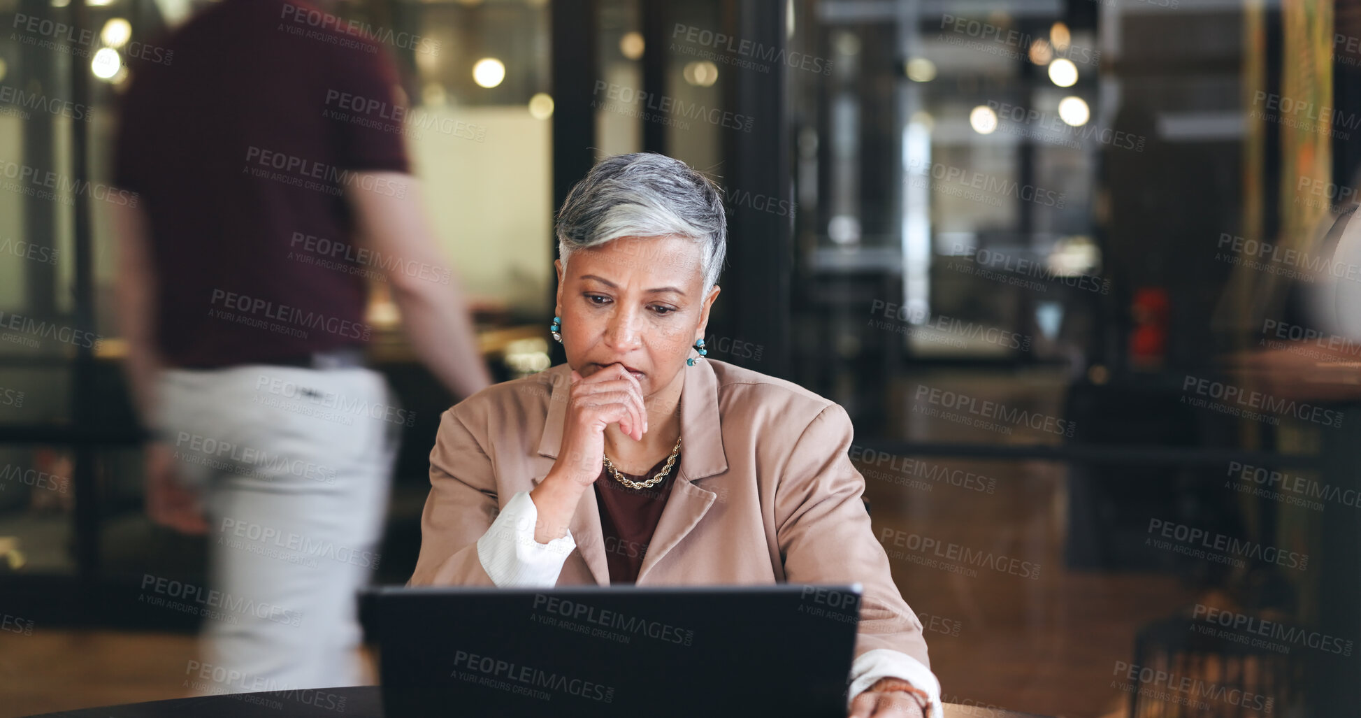 Buy stock photo Business woman, serious and thinking on computer, reading email and decision, choice or marketing report in busy office. Manager for online risk, planning or doubt on laptop with analysis or research