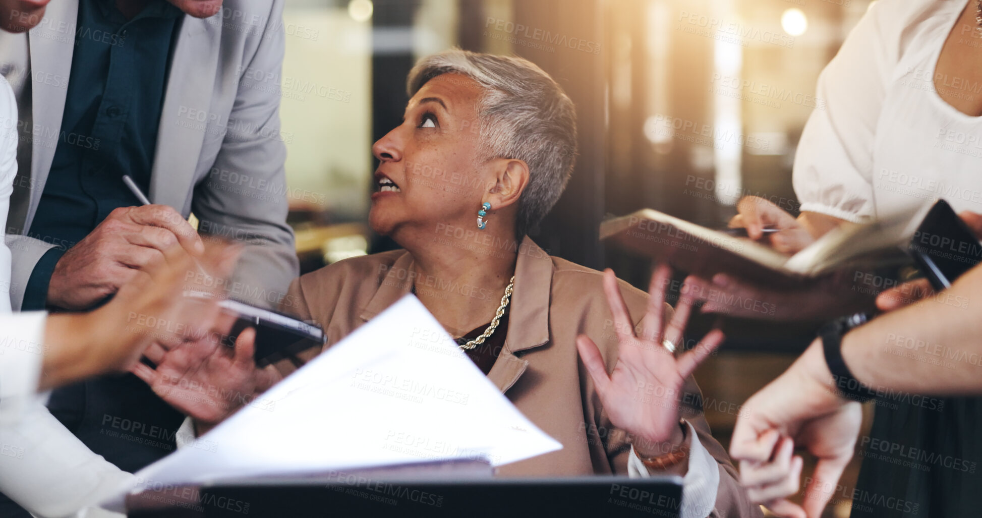 Buy stock photo Stress, team chaos and business woman with documents for pressure, chaos and fatigue for deadline. Corporate manager, burnout and senior person with crisis, overworked and productivity in office