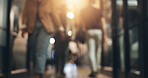 Walking, business people and blurred office in background, of workplace with professional employees or staff. Company, lobby and workers moving in the hall, busy corridor and hallway in agency