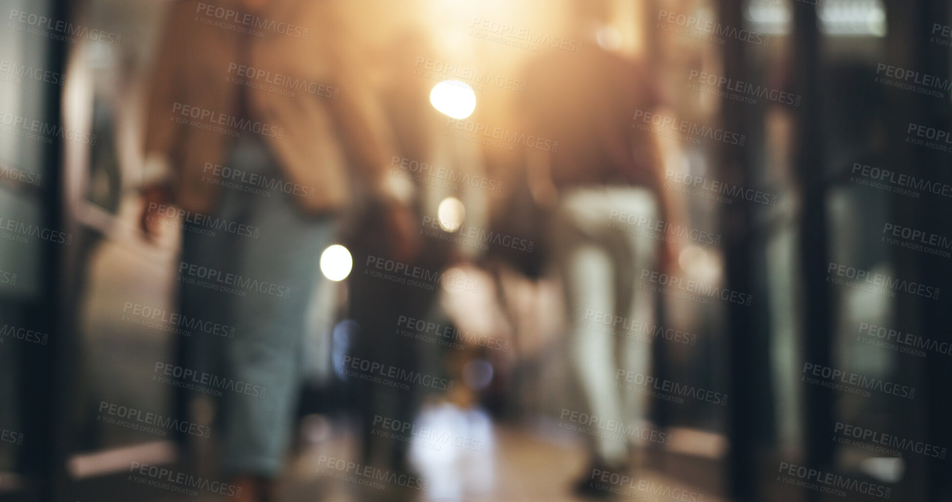 Buy stock photo Walking, business people and office in blurred background, workplace and professional, employees or staff. Company, lobby or workers in busy corridor, hallway or agency with motion shot, bokeh or job