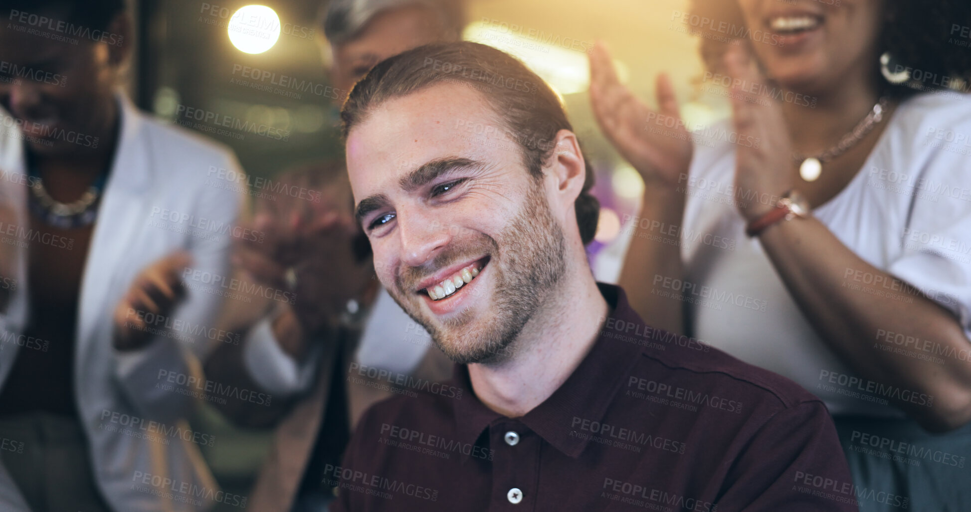 Buy stock photo Success, applause and business people with face of happy man in office with teamwork achievement. Congratulations, bonus and support for winner employee, smile and group of workers celebrate at desk