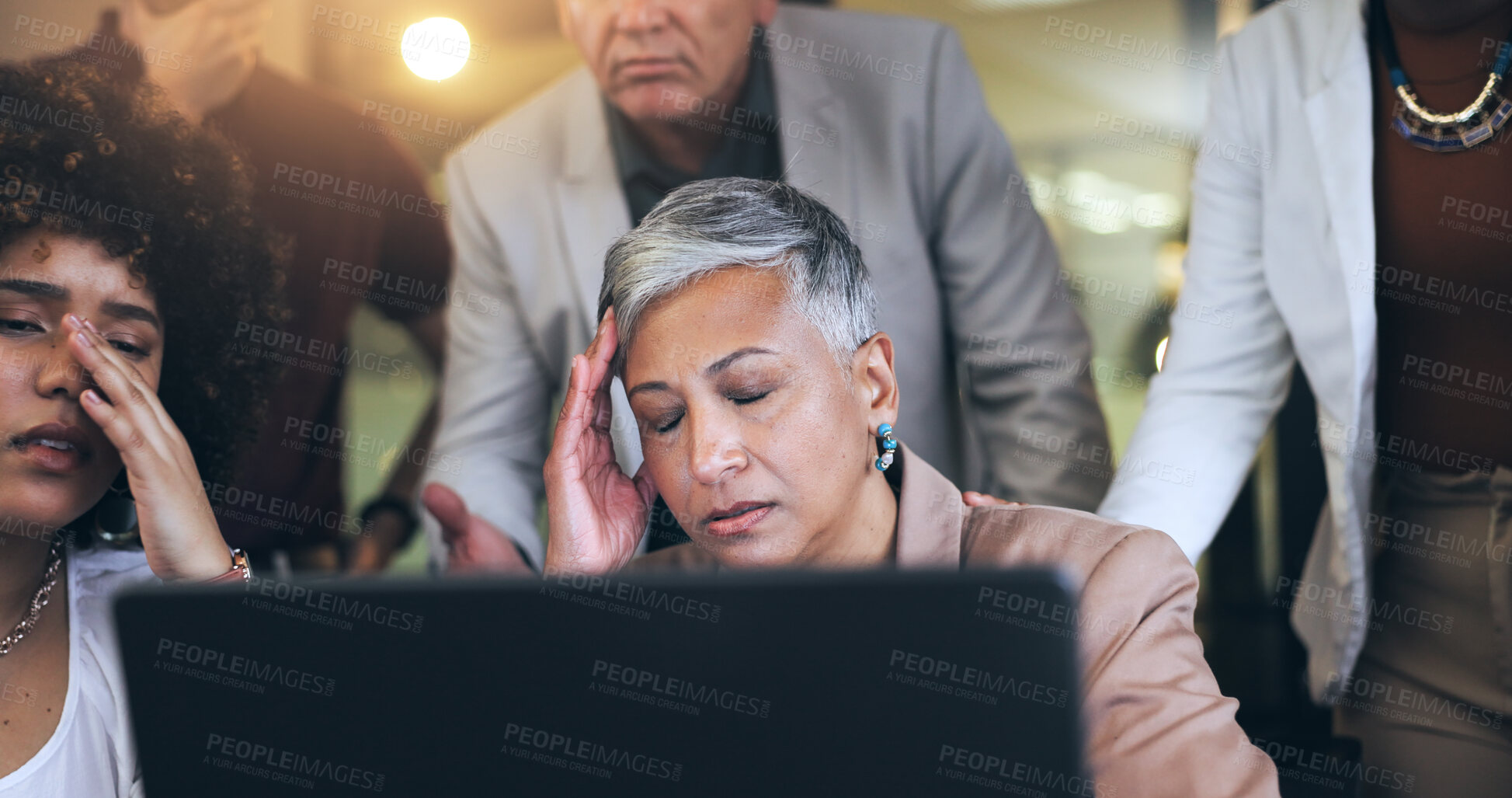 Buy stock photo Stress, computer and business people with team, financial crisis or online mistake and news. Group of men and woman with manager sad, angry or headache for budget, stock market crash or sales error