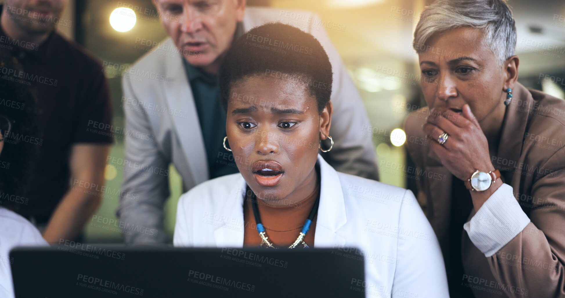 Buy stock photo Stress, computer and business woman with team and stock market crash, financial crisis or online mistake. Surprise of staff at laptop from trading problem and fail or audit issue with fear in office