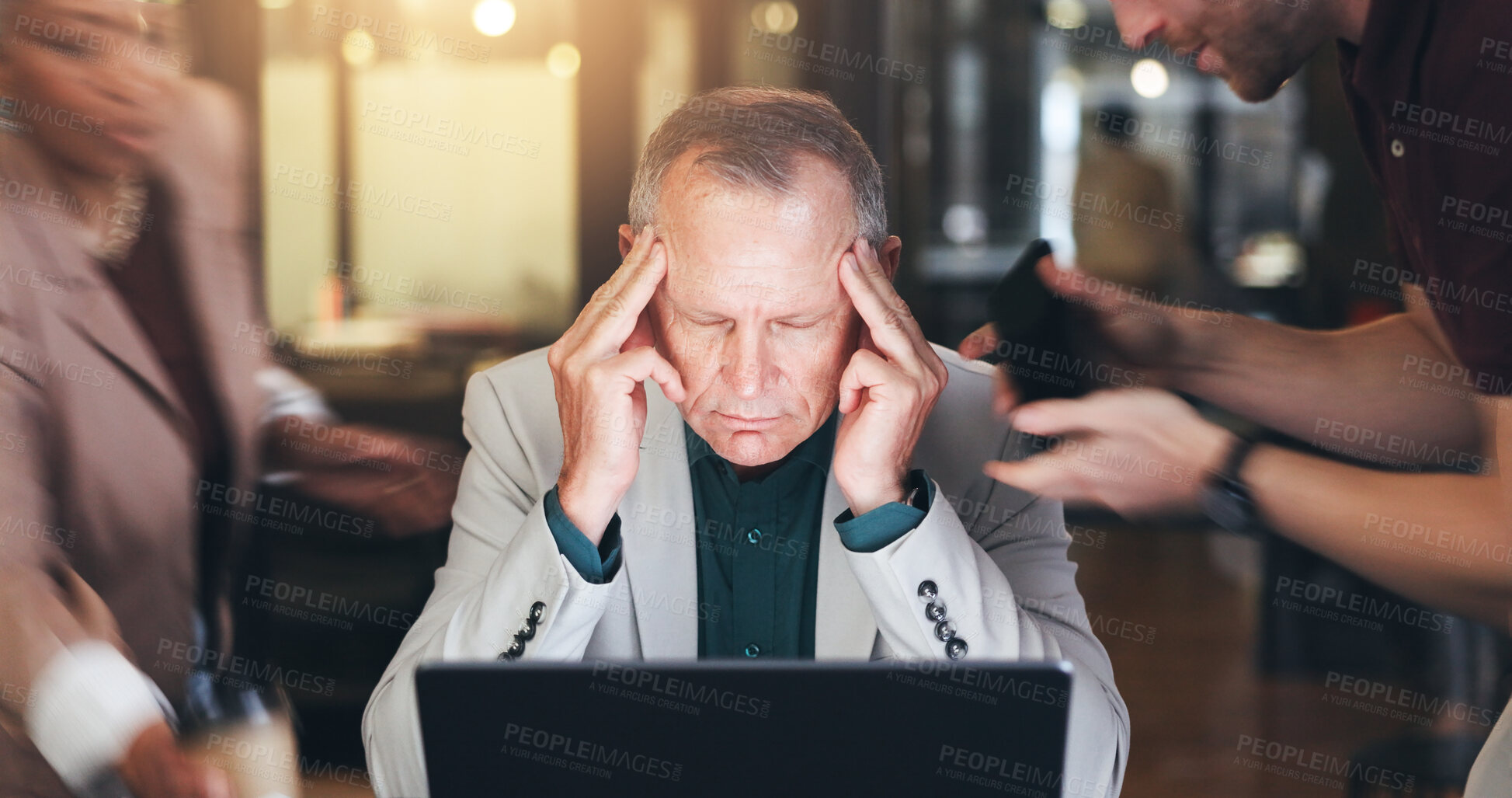 Buy stock photo Businessman, stress and headache at night in team, multitasking or pressure in burnout at office. Face of tired mature man or manager working late in anxiety, mental heath or migraine at workplace