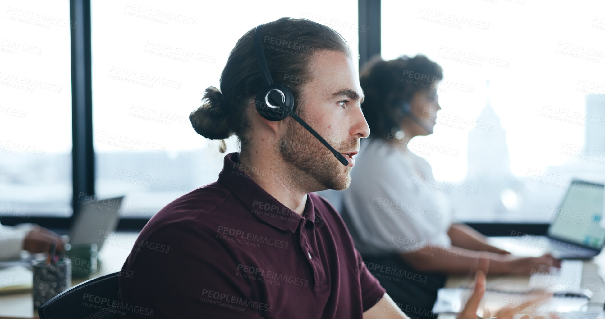 Buy stock photo Call center, communication and business man conversation on telemarketing sales pitch, advice or tech support. Help desk administration, ecommerce and telecom agent profile, headset and consultation