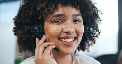 Call center, headset and portrait of a woman with a smile in an office for crm and support. Face of female sales consultant or contact us agent for customer service, telemarketing or help desk advice