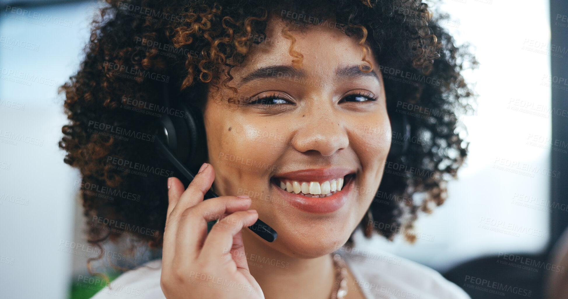 Buy stock photo Call center, happy portrait and face of woman with microphone in customer service, CRM advisory or IT consulting. Sales agent, telecom support or FAQ communication of telemarketing, help or questions