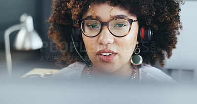 Call center, talking and a woman with a headset for customer service, crm and support. Face of african female consultant or sales agent at computer for telemarketing, contact us or help desk advice