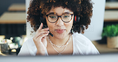 Call center, talking and a woman with a headset for customer service, crm and support. Face of african female consultant or sales agent at computer for telemarketing, contact us or help desk advice