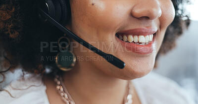Talking, microphone and mouth of a call center woman for crm, advice and support. Smile of female consultant or sales agent speaking over headset for customer service, telemarketing or help desk