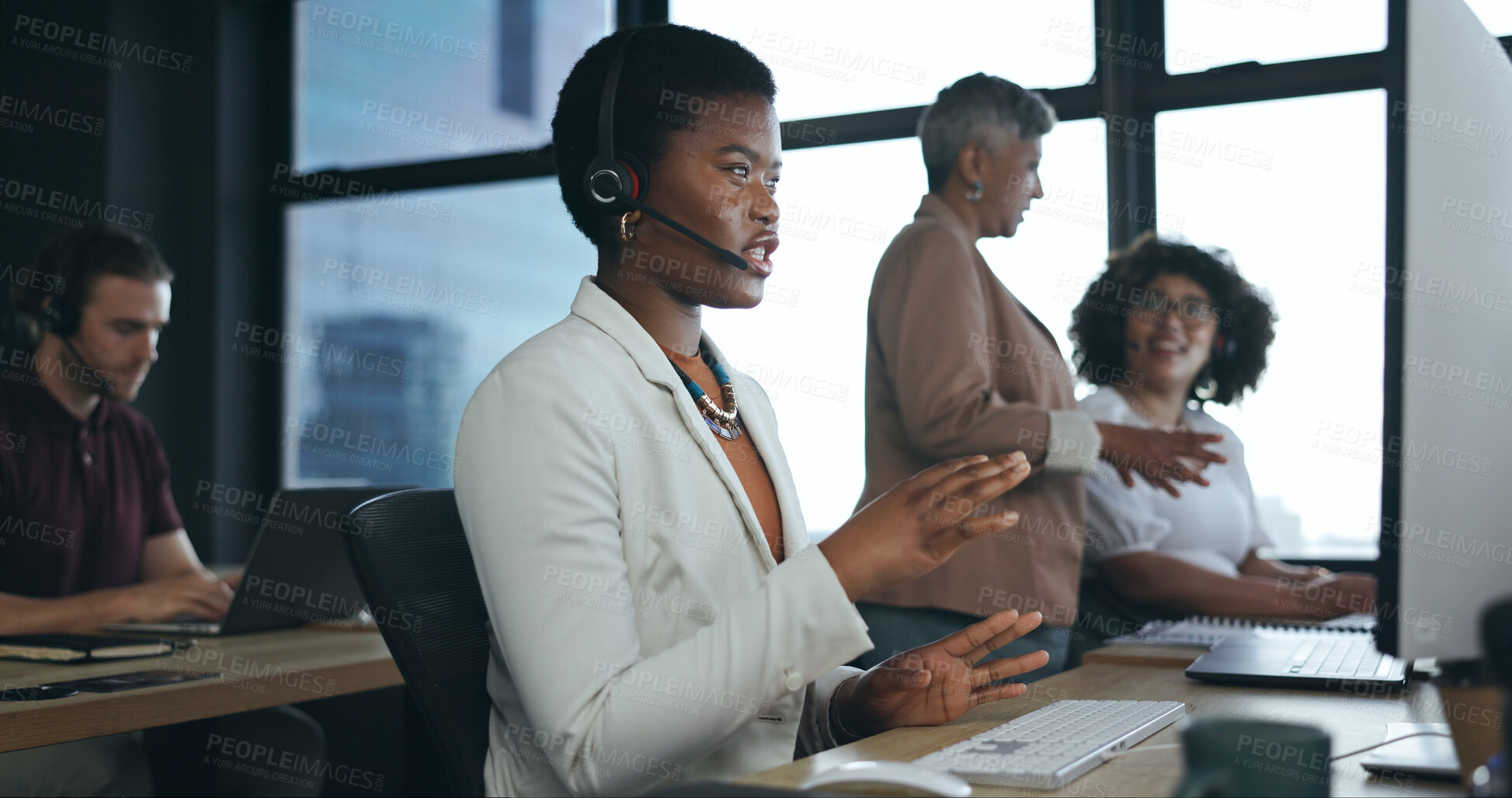 Buy stock photo Call center video call, computer and professional black woman explain telemarketing, sales pitch or tech support. Help desk, ecommerce and virtual telecom agent consulting on online meeting webinar