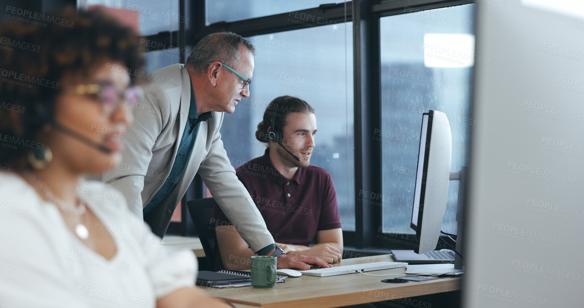 Buy stock photo Call center, team management and help at computer for FAQ questions, customer service and coaching of CRM software. Telecom manager, sales mentor and consulting at desktop for telemarketing solution