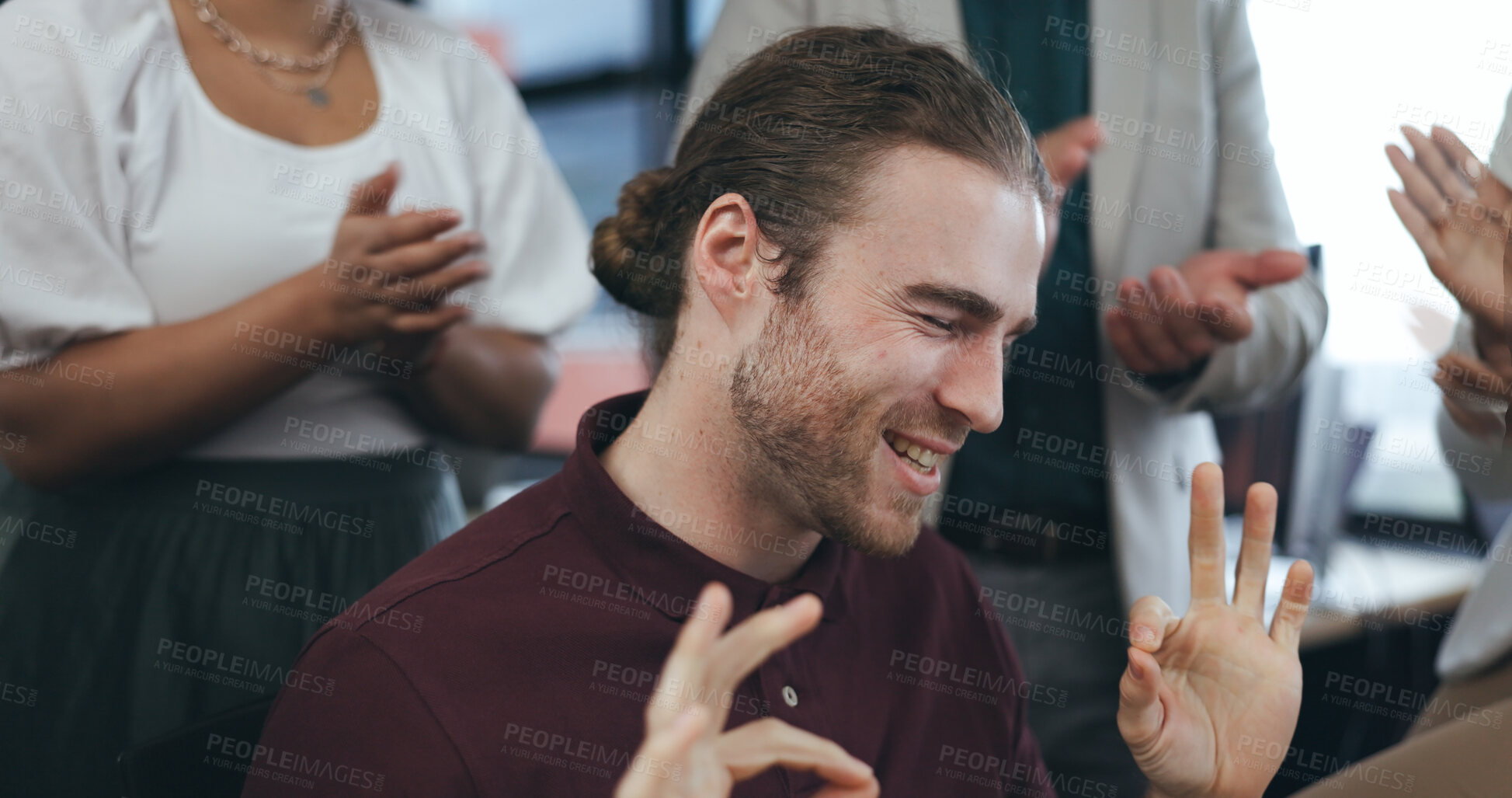 Buy stock photo Success, applause and achievement, happy man with business people, praise and pride in office. Congratulations, cheers and support for winner, businessman and group of employees celebrate at desk.