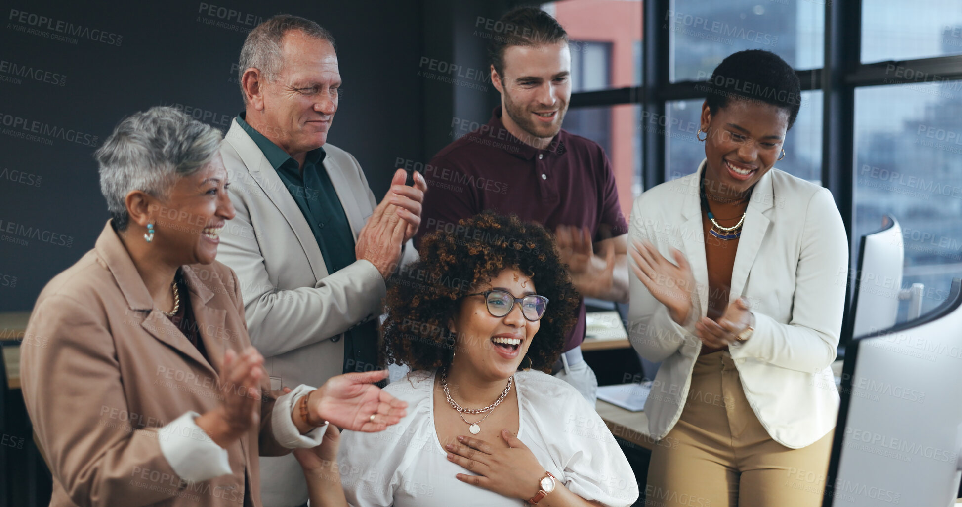 Buy stock photo Success, applause and surprise, woman with team support, celebration and happy achievement with business people. Congratulations, cheers and smile, girl at computer and group of employees in office.