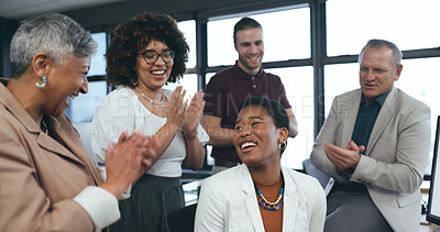 Computer, winner and business woman clapping for financial bonus, sales success or profit celebration. Finance team or group of people applause, wow and support for news or congratulations on desktop