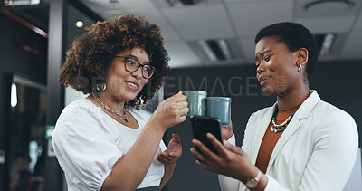 Coffee toast, women and a phone in an office for social media, app or reading a chat together. Happy, talking and friends or employees at work with tea and a mobile for conversation or notification