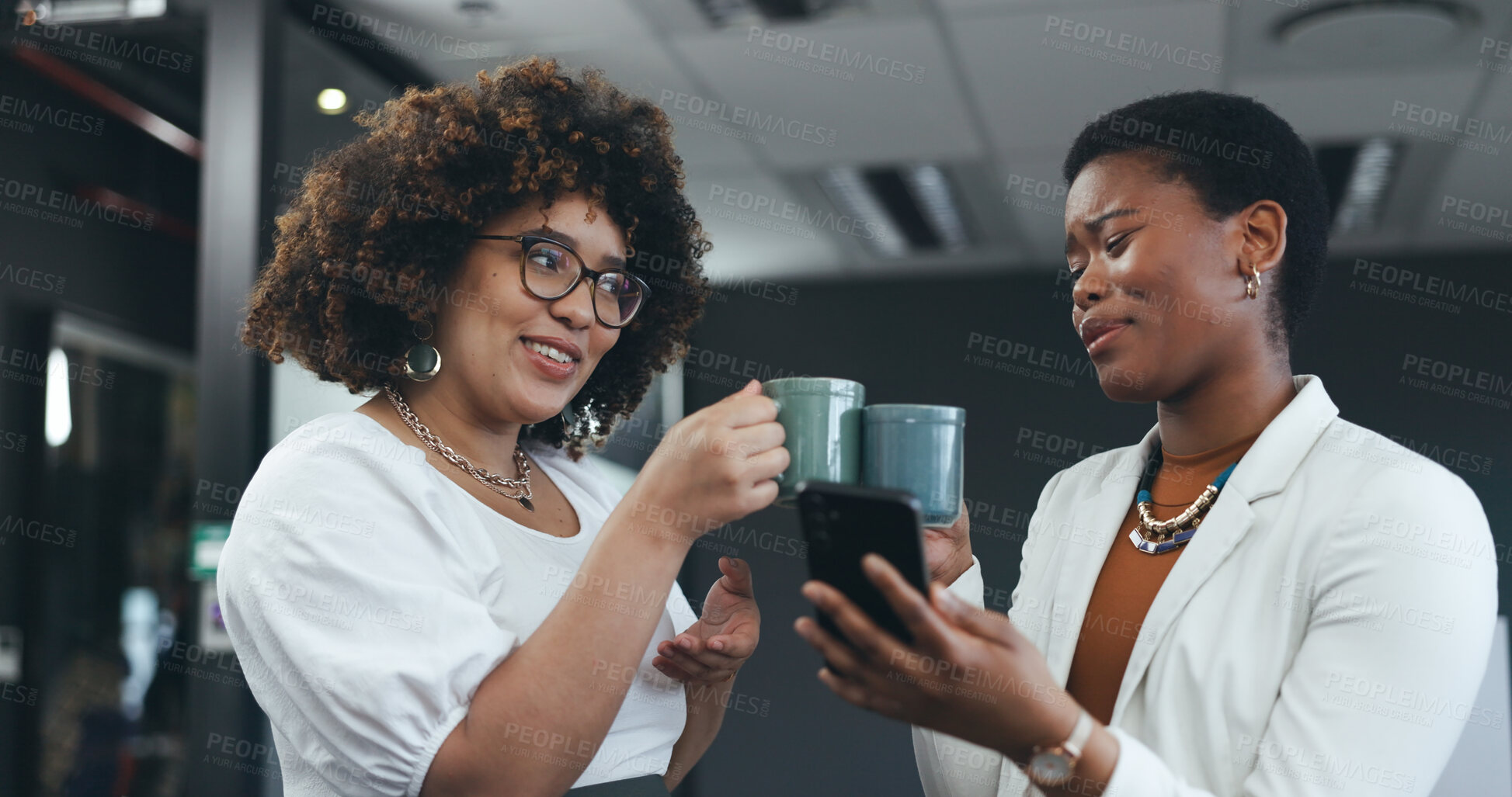 Buy stock photo Coffee cup toast, phone and business women, team or partner celebrate morning drinks, latte or online news data. Smartphone, matcha beverage and people cheers with green tea mug for web announcement