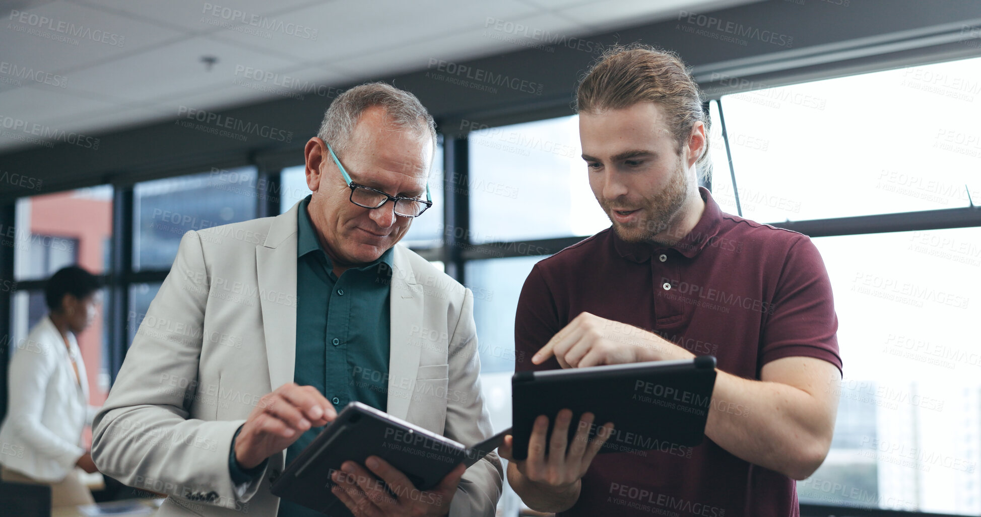 Buy stock photo Teamwork, tablet collaboration and talking of business men in the office for project planning. Staff, working and team management of group of corporate colleagues with cooperation in workplace