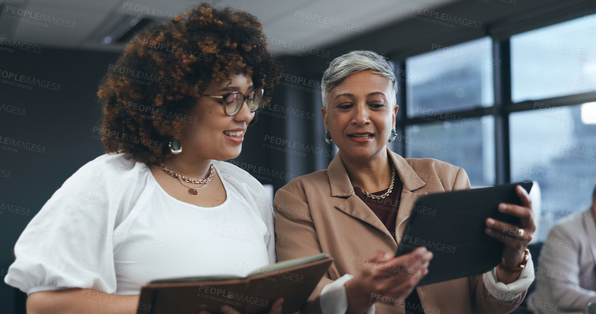 Buy stock photo Teamwork, tablet collaboration and discussion of business women in the office for project planning. Staff, working and team management of group of corporate colleagues with cooperation in workplace