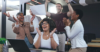 Throw, paper and business people success, winning or celebration of news, goals and clapping or applause. Winner team, business women and men high five, wow and documents in air for sales on laptop