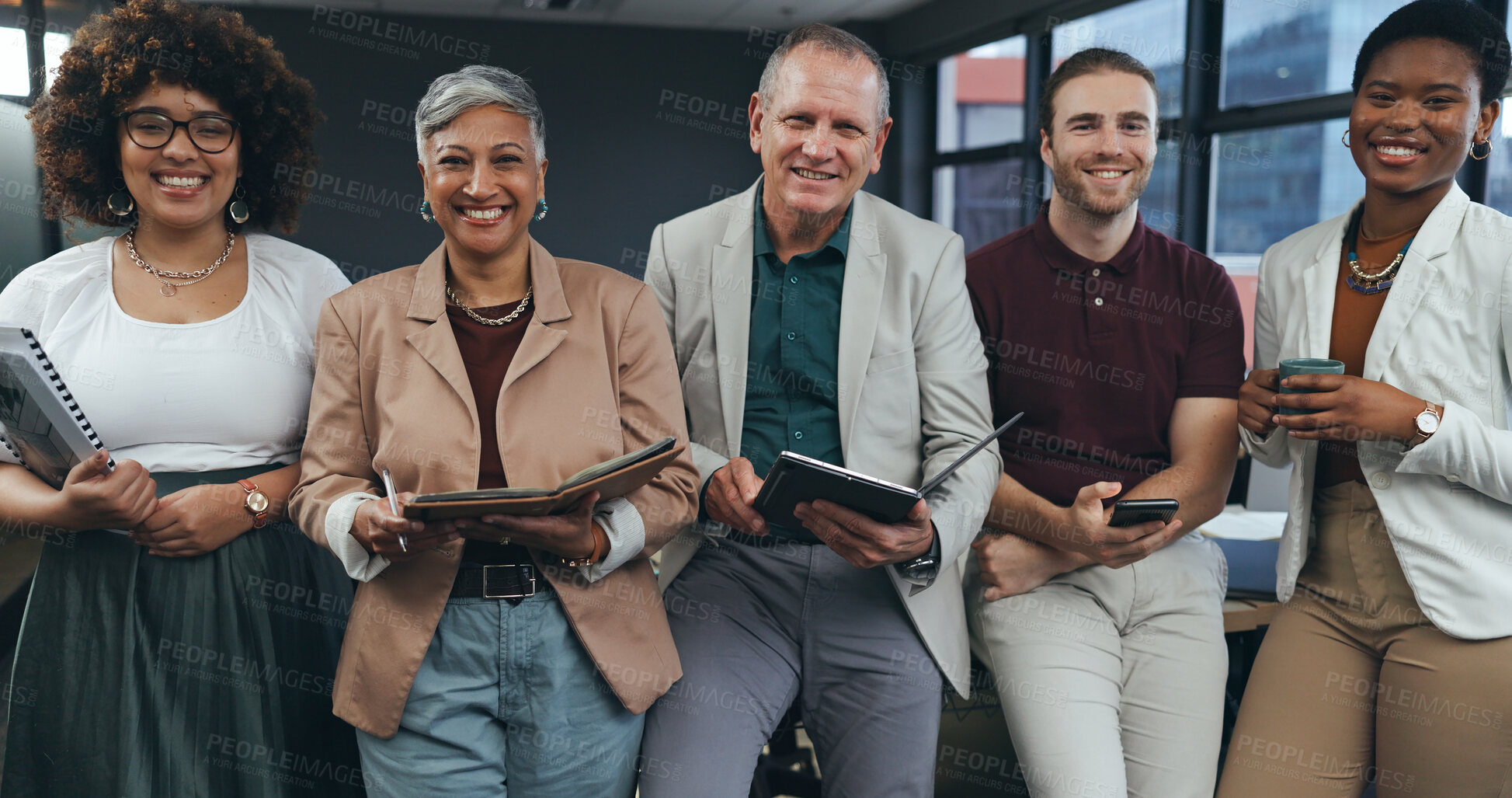 Buy stock photo Teamwork, collaboration and portrait of business people in the office for project planning. Staff, diversity and team building of group of corporate colleagues with documents together in workplace