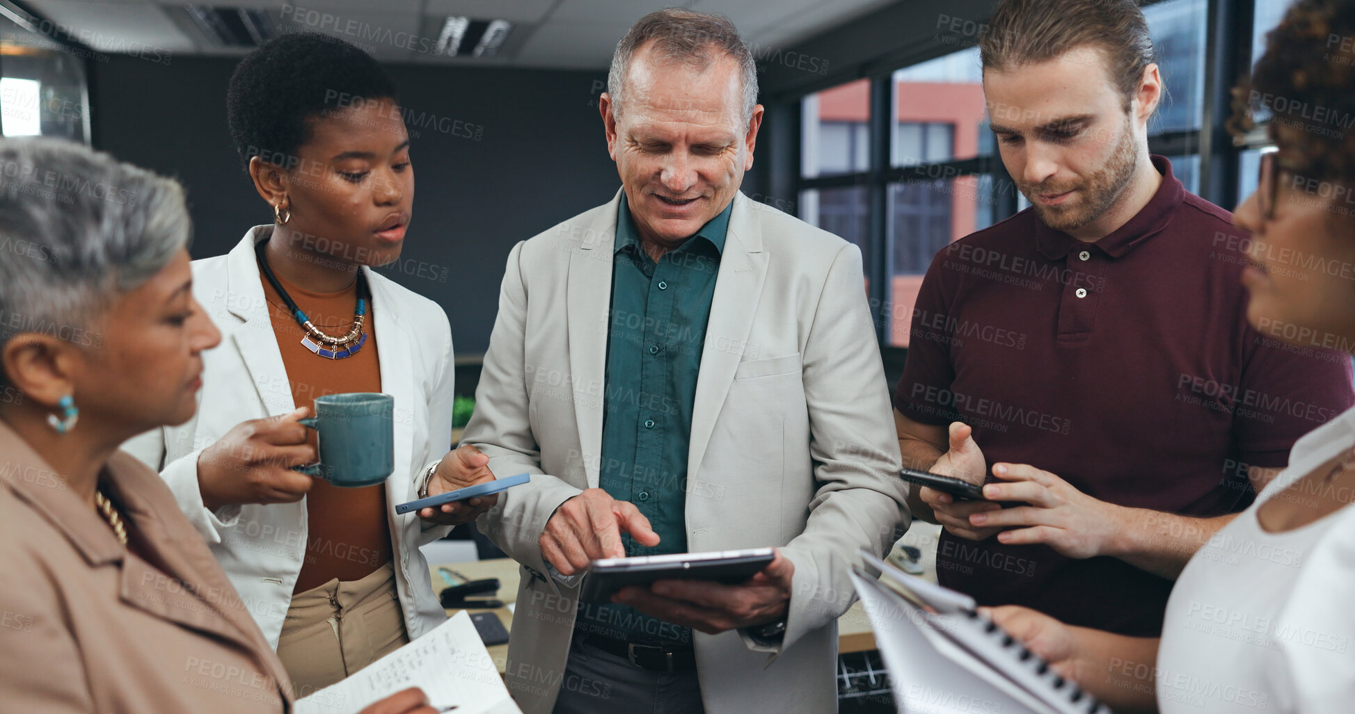 Buy stock photo Teamwork, collaboration and discussion of business people in the office for project planning. Boss, conversation and team meeting of group and colleagues with tablet and paperwork in workplace