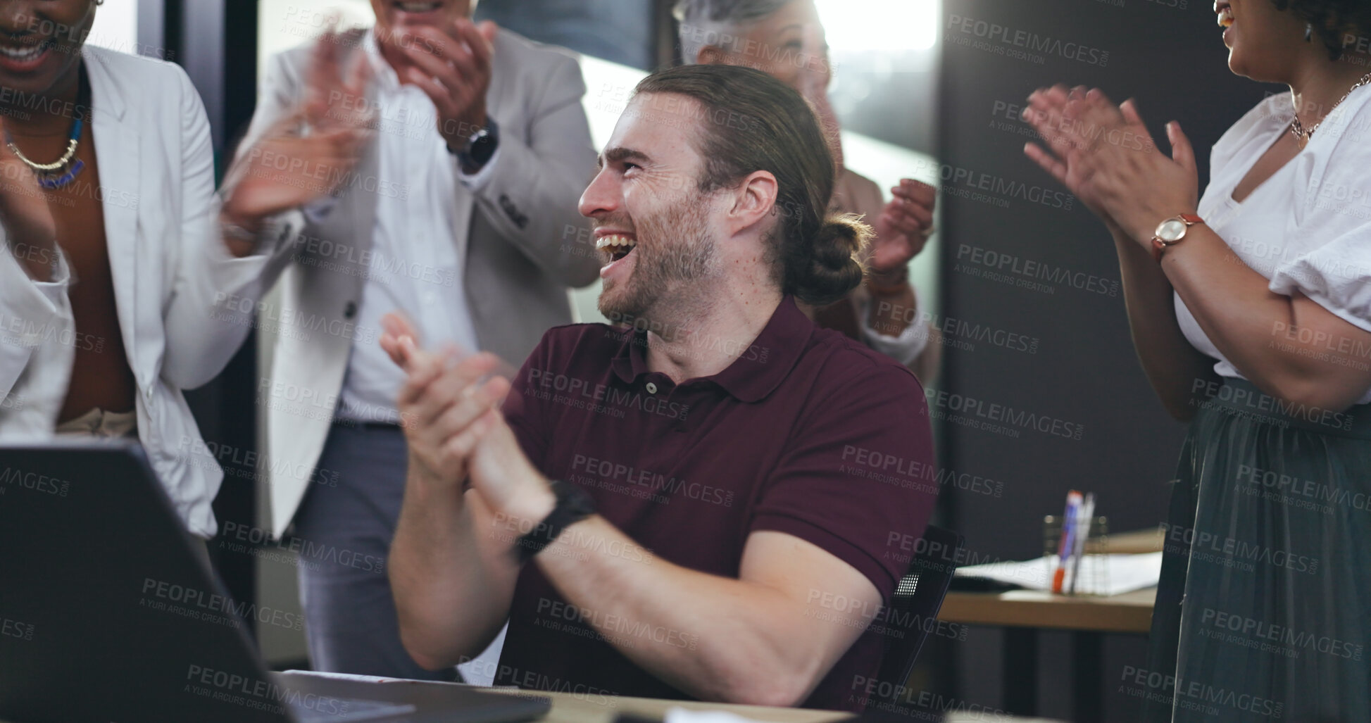 Buy stock photo Success, applause and excited man at desk with team, celebration and happy achievement for business people. Congratulations, cheers and smile, businessman at computer and group of employees in office